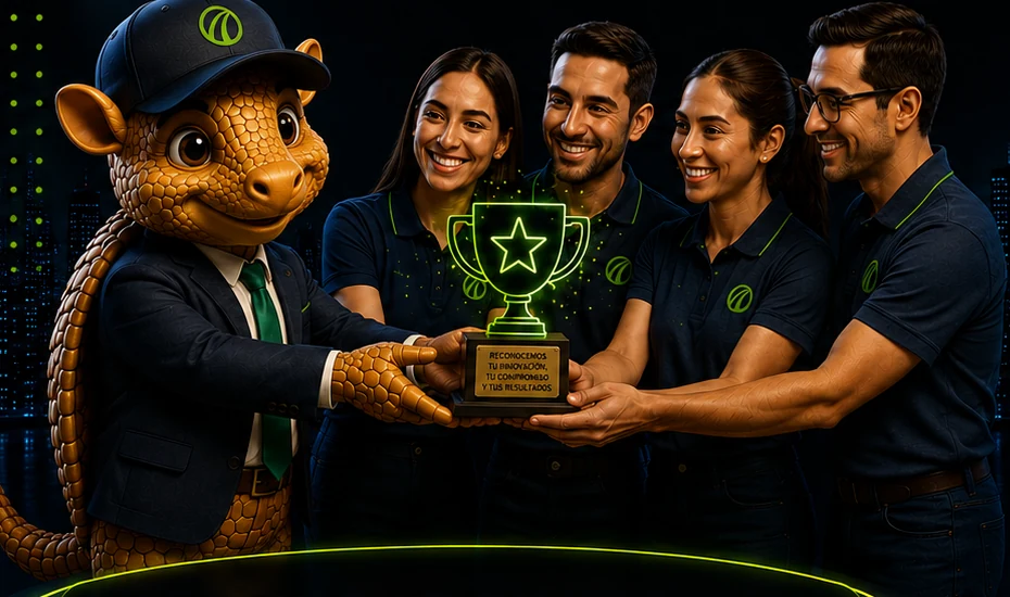 Terry entregando el trofeo de reconocimiento a un equipo de colaboradores