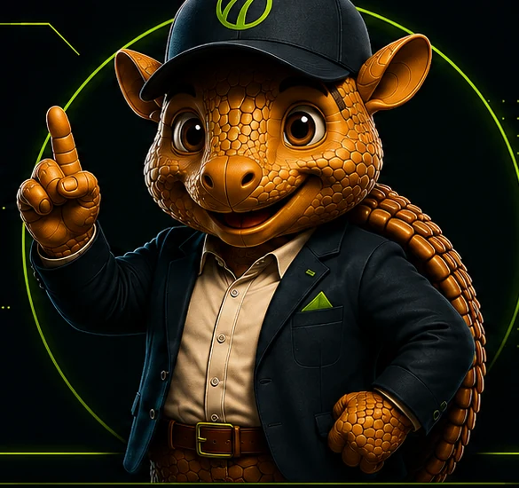 Terry, la mascota de AutoMundial, señalando hacia arriba